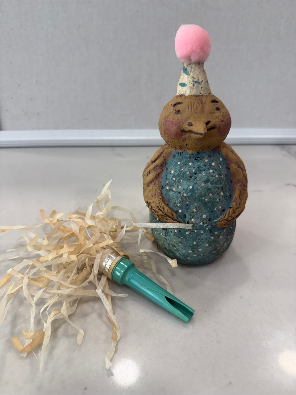 Handcrafted Blue Party Bird Figurine with Pink Pom Pom Hat